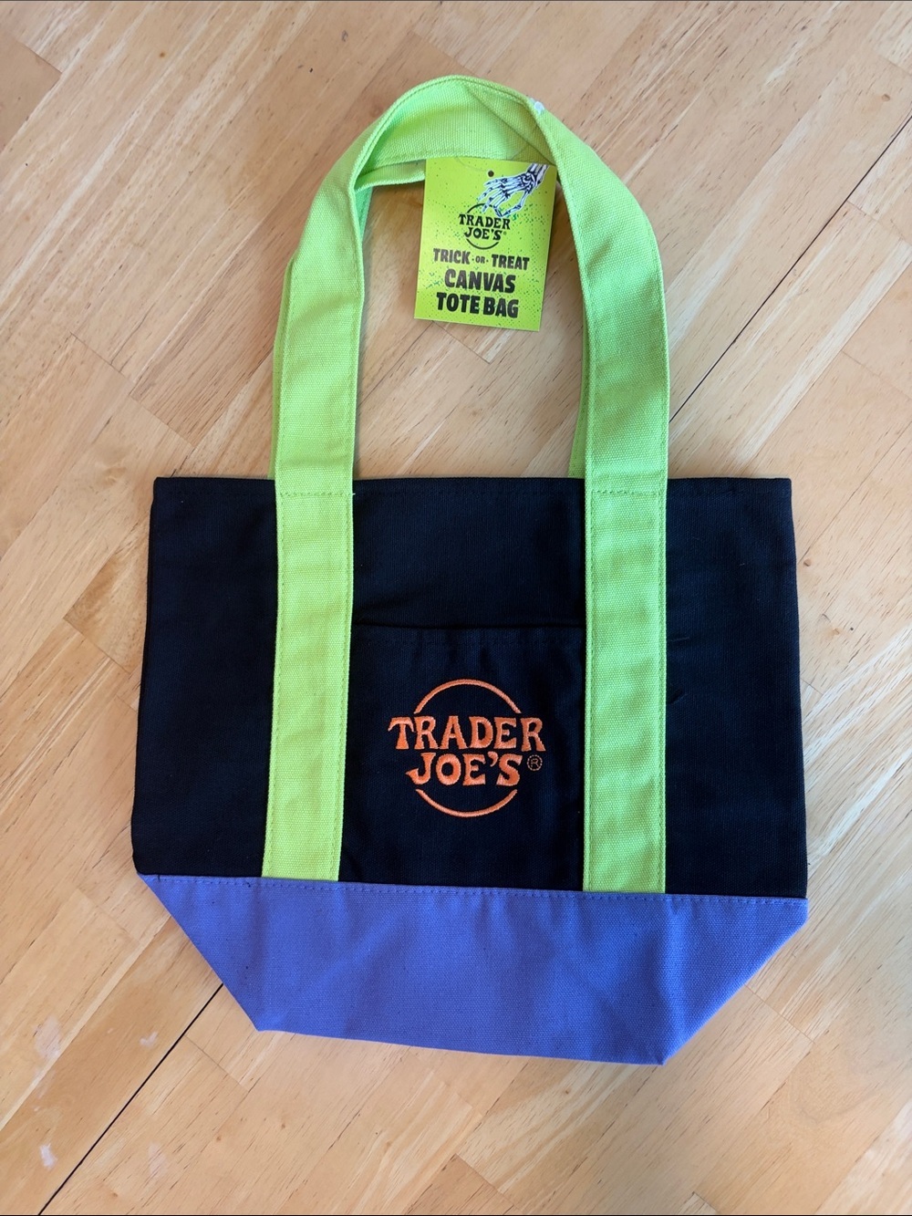 Trader Joe's Black Canvas Tote with Lime Handles and Purple Base